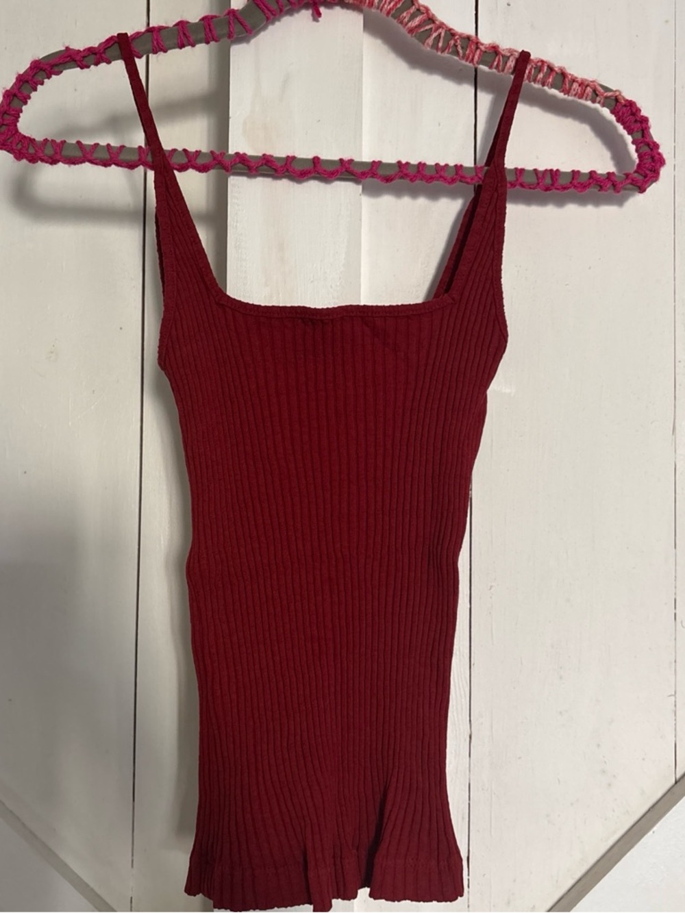 Ribbed Spaghetti-Strap Tank Top in Wine Red